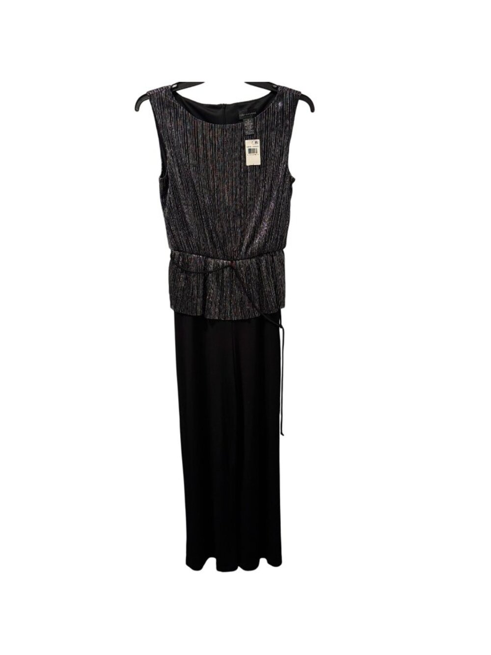 Connected Apparel Metallic Striped Jumpsuit Sz 8 Peplum Waist Black Silver Forma